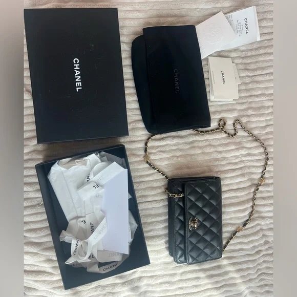 CHANEL Black Caviar Wallet with Gold Chain & Charms - Picture 11 of 12